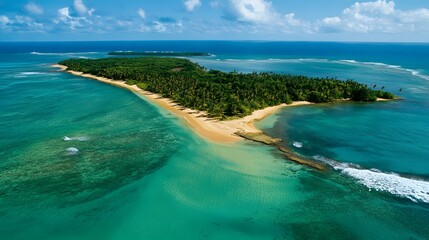 Obraz premium Serene tropical island escape, lush greenery meets turquoise waters, perfect for relaxation or adventure, ideal for travel themes.