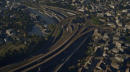 Aerial view of highway interchange, city background, morning sun