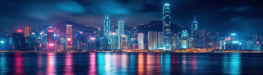 Fototapeta premium A vibrant city skyline at night, illuminated by colorful lights reflecting on the water, showcasing modern architecture and a bustling urban atmosphere.