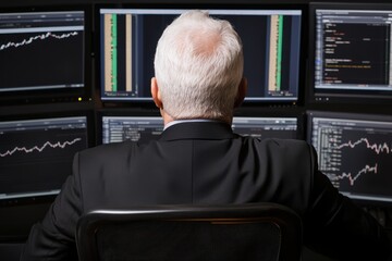 A suited individual monitors multiple screens displaying financial data and stock charts, focused on analyzing market trends.