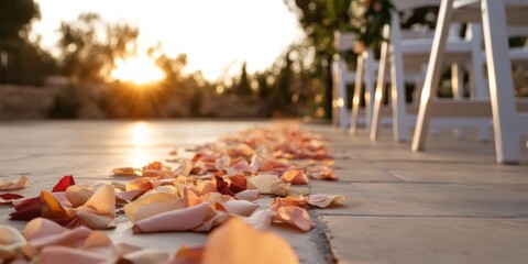Boho-Chic Wedding Aisle Flower Petals and White Chairs in Garden Oasis - Event Styling Content for Modern Romantic Ceremonies and Outdoor Matrimonial Planning