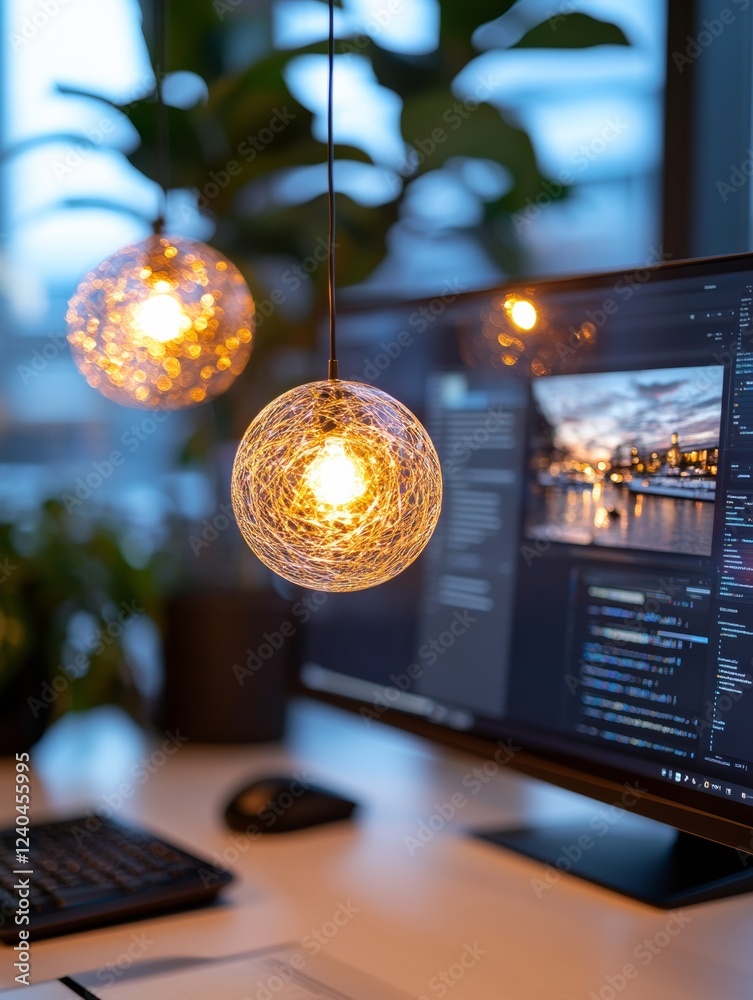 Poster industrial chic workspace dual monitor with wireframe globe lights, sleek surfaces for creative tech