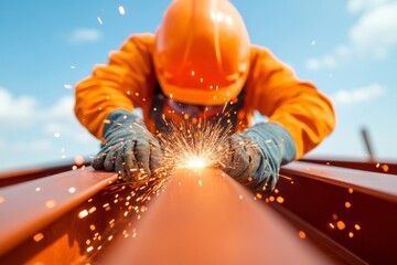 Dynamic Urban Construction Worker Welding Structural Beams with Sparks in Safety Gear - Promoting Modern Labor Safety Practices and Industrial Advancement