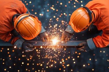 Dynamic Urban Construction High-Vis Workers Welding Steel Beams, Emphasizing Safety Gear in Modern Skyscraper Building for Industry Innovation and Workforce Protection