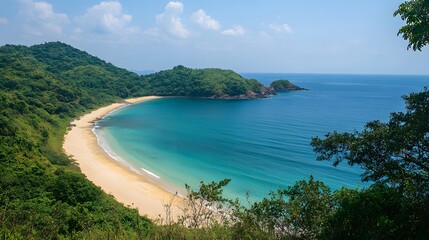 Fototapeta premium Scenic beach view, tranquil shoreline meets turquoise waters, lush greenery surrounding a serene landscape, perfect for relaxation.