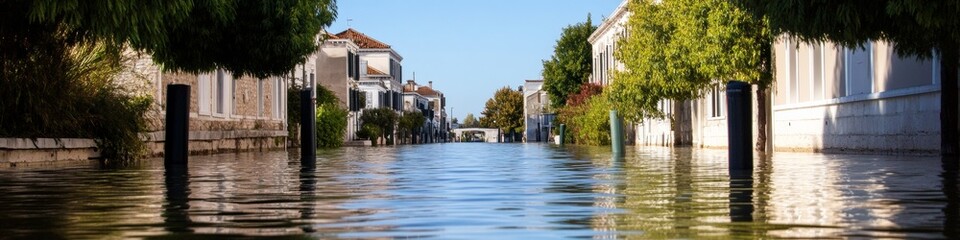 Obraz premium Contemporary Environmental Visualization Elevated Urban Flood Levels Submerging Street Signs in Residential Zones - Essential Climate Emergency Awareness and Sustainable Urban Planning Imagery