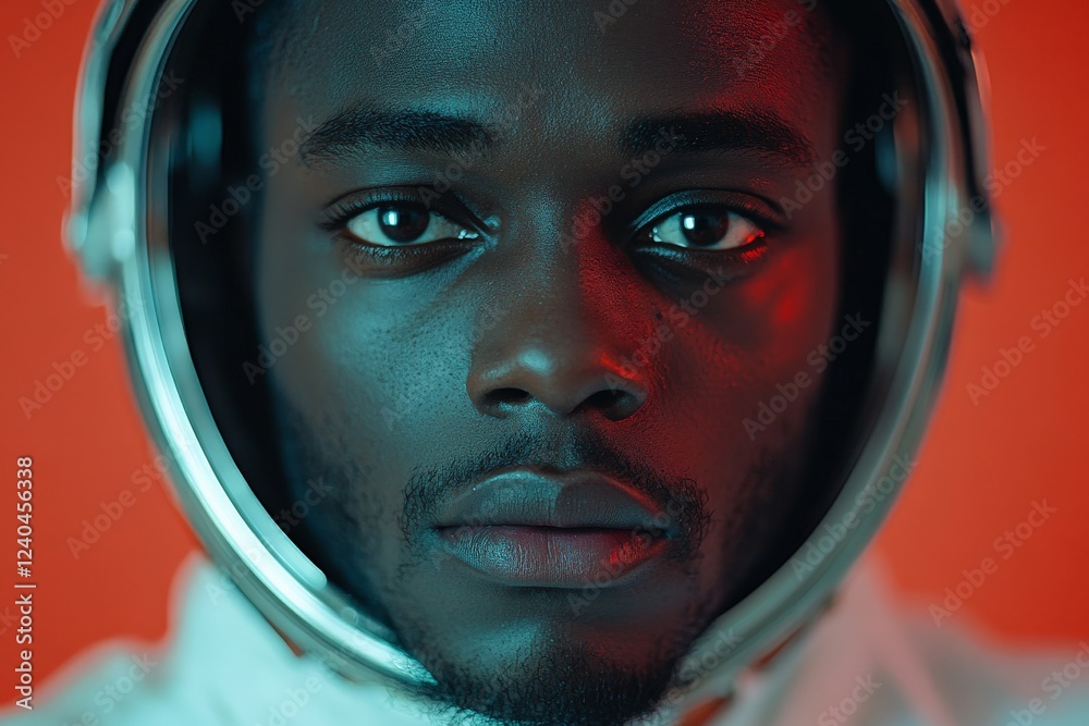 Poster close-up portrait of an astronaut with a reflective helmet against a vibrant background