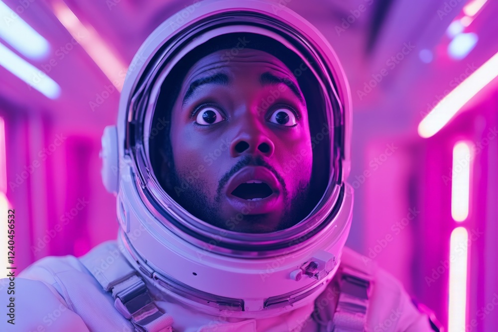 Poster Astronaut expresses surprise in a futuristic space setting with vibrant lighting and advanced design