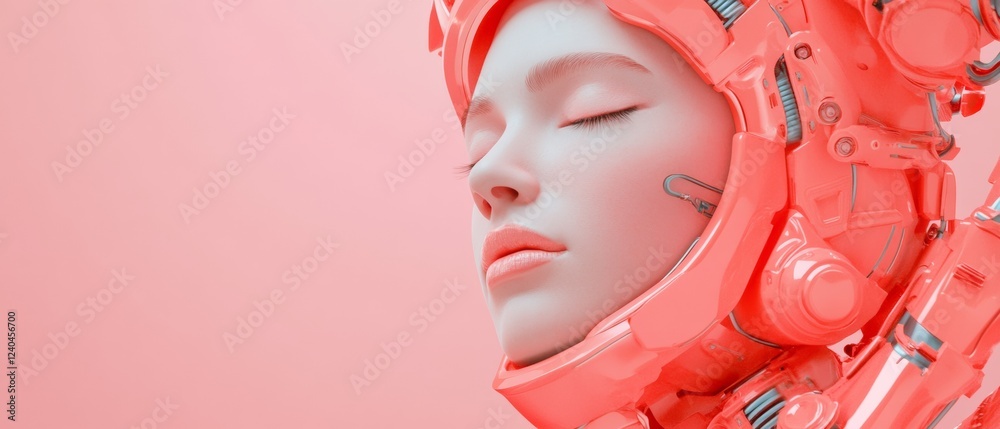 Aufkleber futuristic tech aesthetic woman with advanced robotic armor in soft pink tones - inspiring automatio