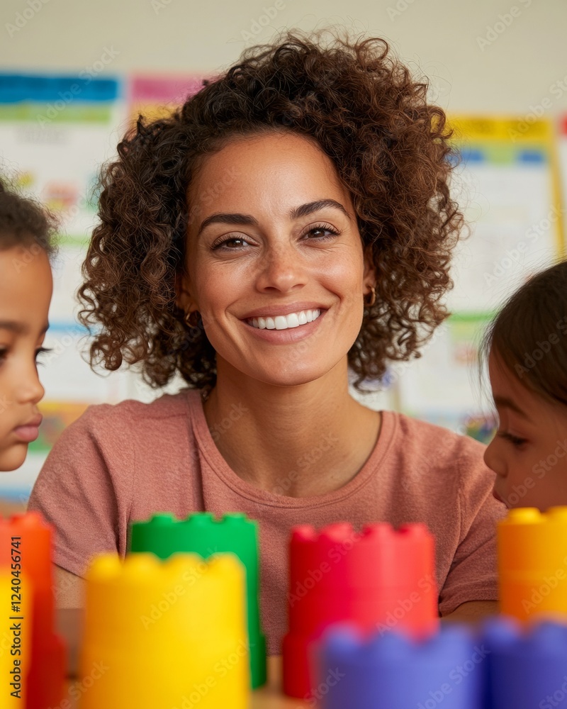 Poster modern early learning experience teacher with colorful blocks in cozy classroom - enhancing preschoo