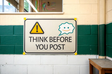 A cautionary sign urging individuals to consider their actions before posting online, featuring a warning symbol and a speech bubble.