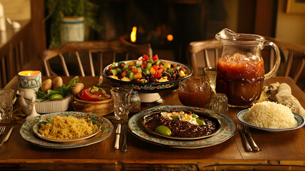 table set for a Mexican celebration, featuring mole poblano, rice, beans, and a pitcher of margaritas 
