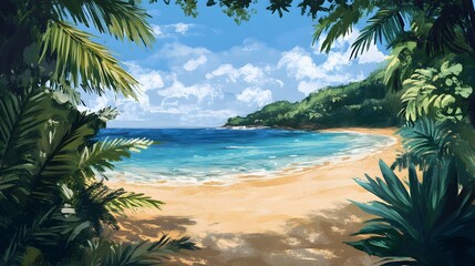 Fototapeta premium Scenic beach view framed by lush greenery, clear blue water meets sandy shoreline, perfect for relaxation and escape.