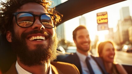 Vibrant City Carpooling Diverse Professionals Sharing Electric Car Journey in Sunlit Urban Setting - Modern Corporate Sustainability and Eco-Friendly Urban Mobility Solutions