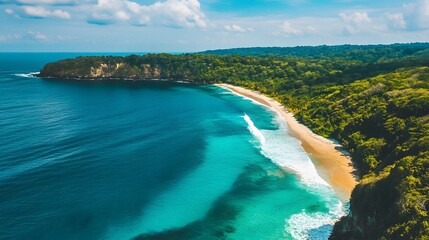 Scenic tropical coastline, lush green hills meeting turquoise waters, ideal for vacation promotions and travel guides.