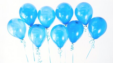 A cluster of vibrant blue balloons floating gracefully in the air, set against a clean white background. The balloons create a visually appealing scene, bringing a sense of light - heartedness and joy
