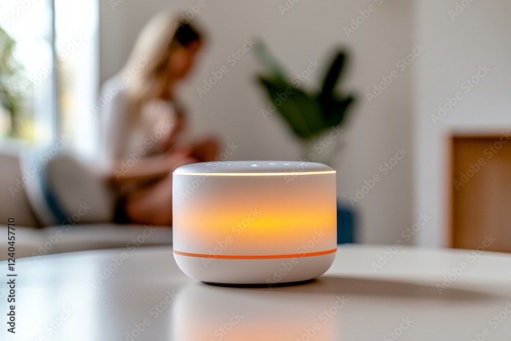 Poster minimalist smart home tech elegant voice-assistant speaker on sleek table - enhancing family interac