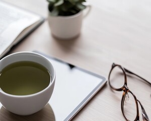 Minimalist Tech Design Digital Literacy on Sleek Tablet with Green Tea and Glasses on Wooden Desk - Educational Tools and Senior-Friendly UI for Inclusive Learning
