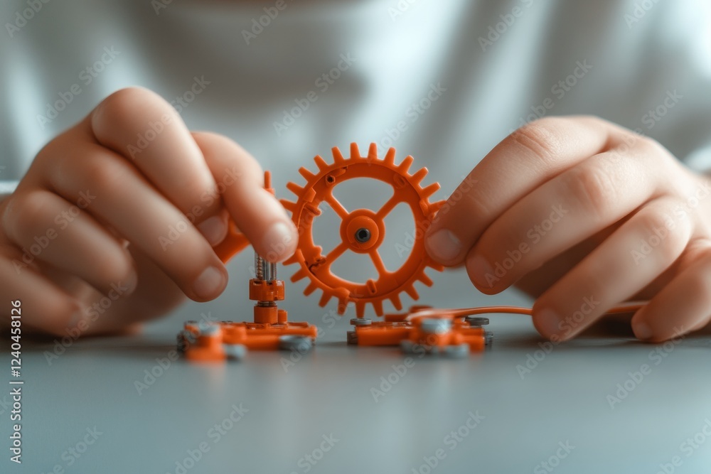 Leinwandbilder tech-infused learning small hands building miniature robot with orange gears on modern table - educa