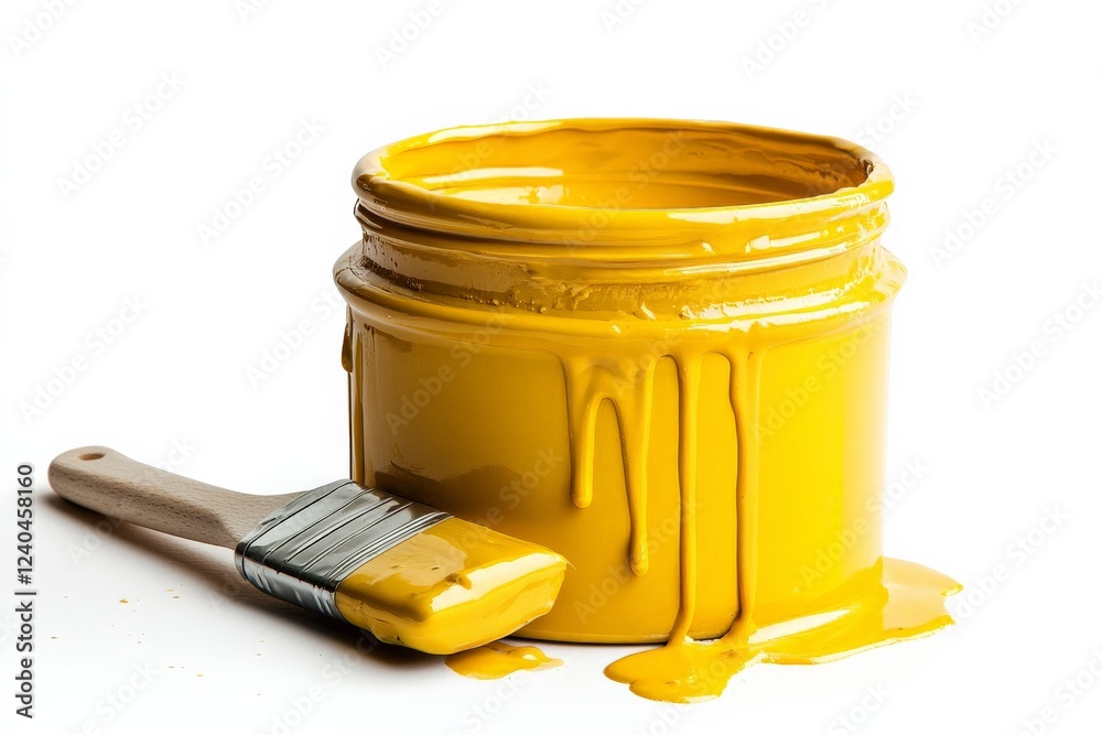 Poster Bright yellow paint in an open container with a brush resting beside it, showcasing a creative workspace