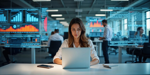 Young businesswoman uses laptop with colleagues in modern office visualizing stock charts