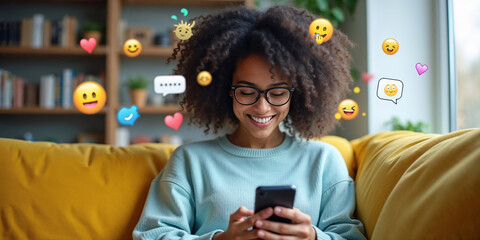 Happy Black Woman Uses Smartphone at Home for Social Media Visualization with 3D Digital Icons