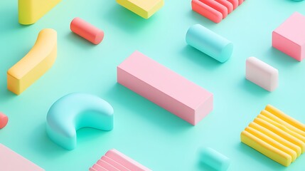 Fototapeta premium Colorful Geometric Shapes in Pastel Tones on a Soft Blue Background for Creative Design Inspiration