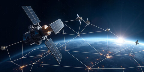 Satellites fly over Earth connecting a global data grid and digital information network