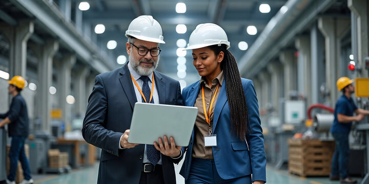 Professional Heavy Industry Engineers with Hard Hats Discuss Factory Operations on Laptop