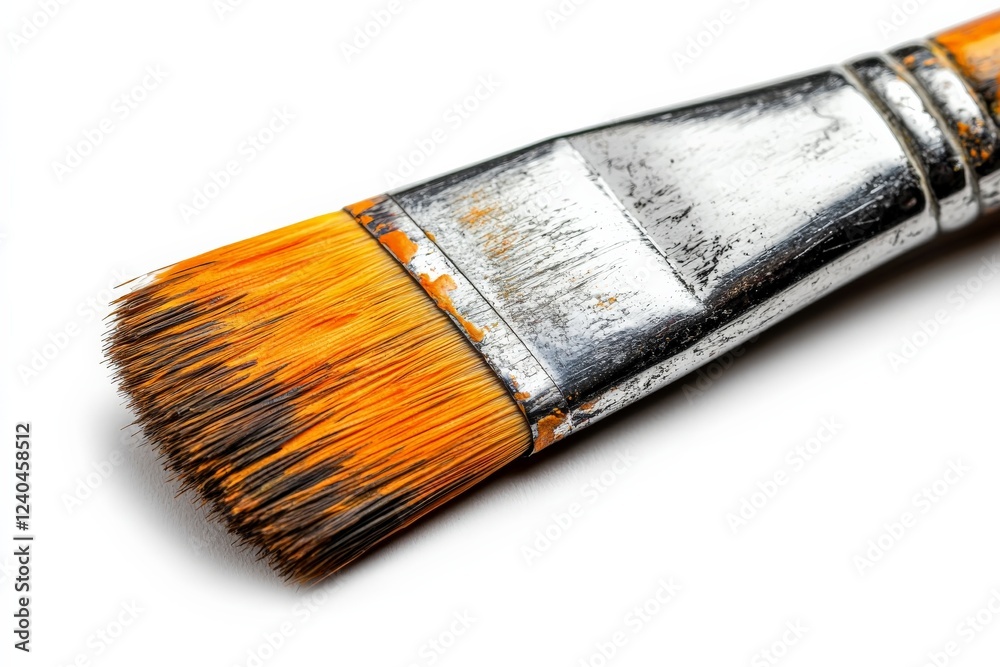 Poster close-up view of a used paintbrush with orange bristles on a white background showcasing artistic to