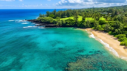 Obraz premium Scenic tropical beach, vibrant turquoise waters meeting lush green coastline, ideal for vacation promotions or travel themes.