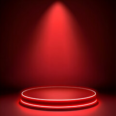 Minimalist Dark Red Stage Podium with Dramatic Lighting, Featuring a Circular Platform and Neon Spotlights for Product Display, Luxury Showroom, and Elegant Presentation Scene