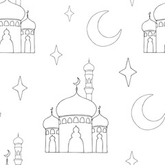 Obraz premium Vector Islamic seamless pattern with minaret, moon, stars. Graphic illustration mosque, tower isolated on white background. Muslim hand drawn line sketch, holiday Ramadan Kareem or Eid Al Adha 2025