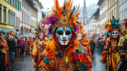A crowd of participants in vibrant costumes and masks marching through the streets of Basel during the Morgenstreich (morning procession). Basel carnival