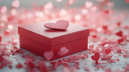 A gift box with a heart-shaped tag, placed on a white surface with scattered pink and red confetti. Gift for Valentine's Day, Birthday.