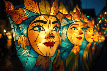 Basel's iconic Fasnacht lanterns, beautifully painted and glowing brightly, displayed during the night carnival procession. Basel carnival