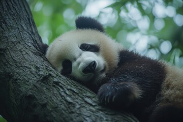 Obraz premium Panda Resting Peacefully on a Tree Branch in Lush Forest