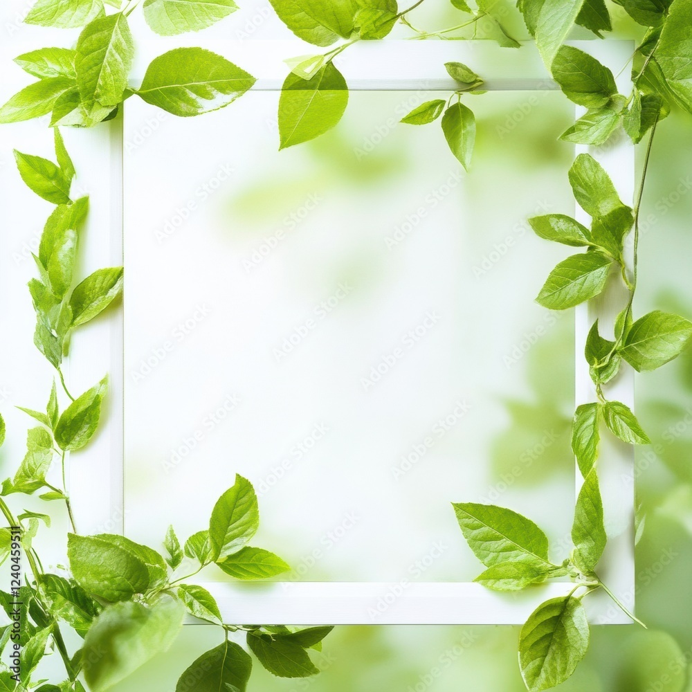 Poster Natural frame of green leaves surrounding empty space for creative design use and text insertion in a bright environment. Generative AI