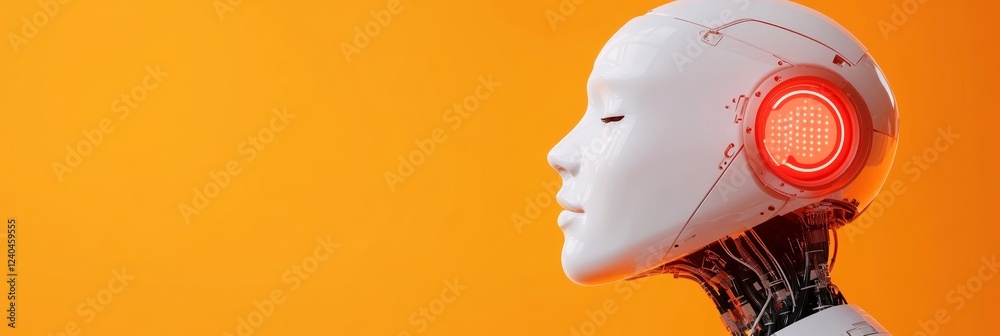 Fototapete Futuristic Robotics Sleek White Robotic Head with Red LED on Orange Gradient - Advanced AI Design for Tech Industry and Digital Marketing Solutions