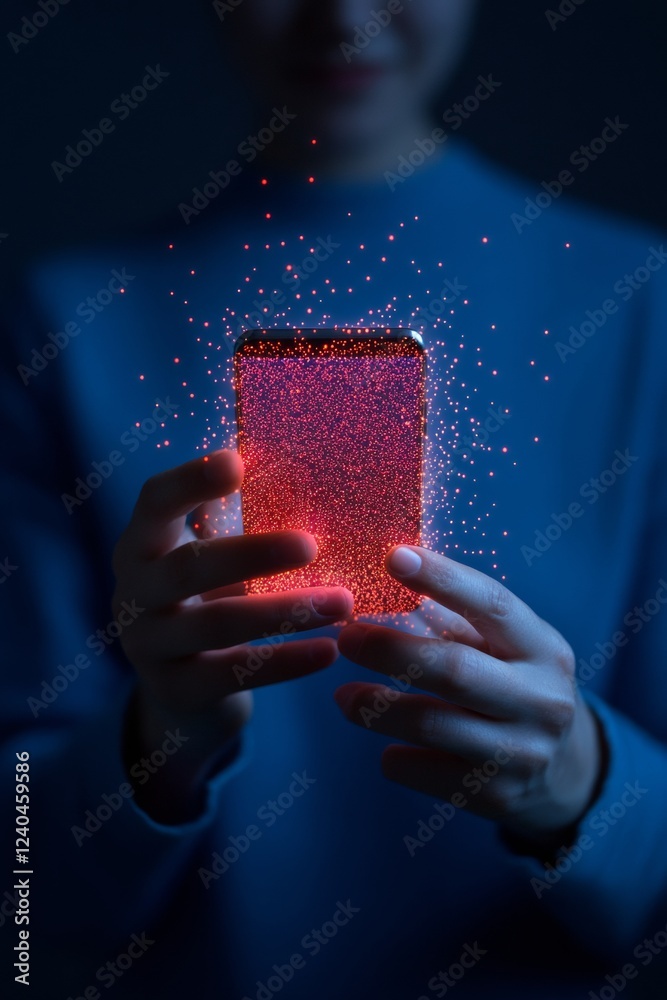 Poster innovative smartphone interaction holographic digital icons and glow effect in modern connectivity v