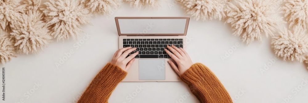 Leinwandbilder scandinavian minimalist productivity woman typing on sleek laptop with wool texture in cozy workspac