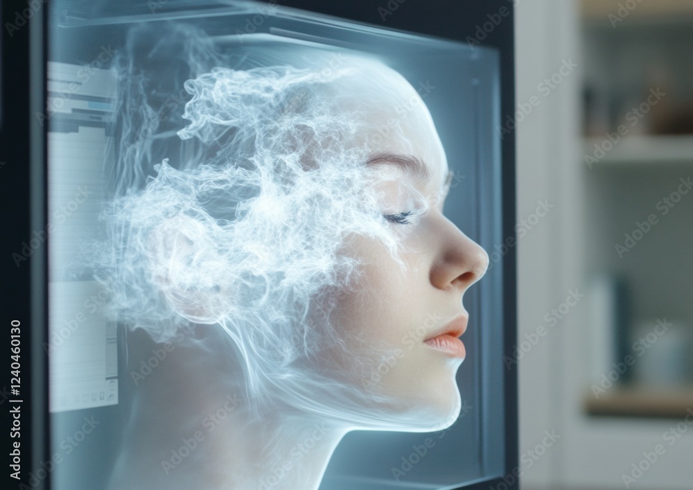 Poster transcendent digital portraits ethereal face and light smoke textures - emotional ai interface for v