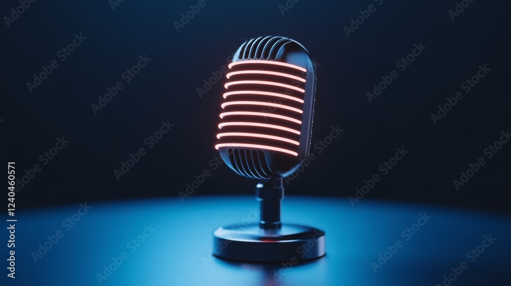 Poster retro-futuristic led microphone chrome with neon accent for modern podcasts and streaming - elevate 