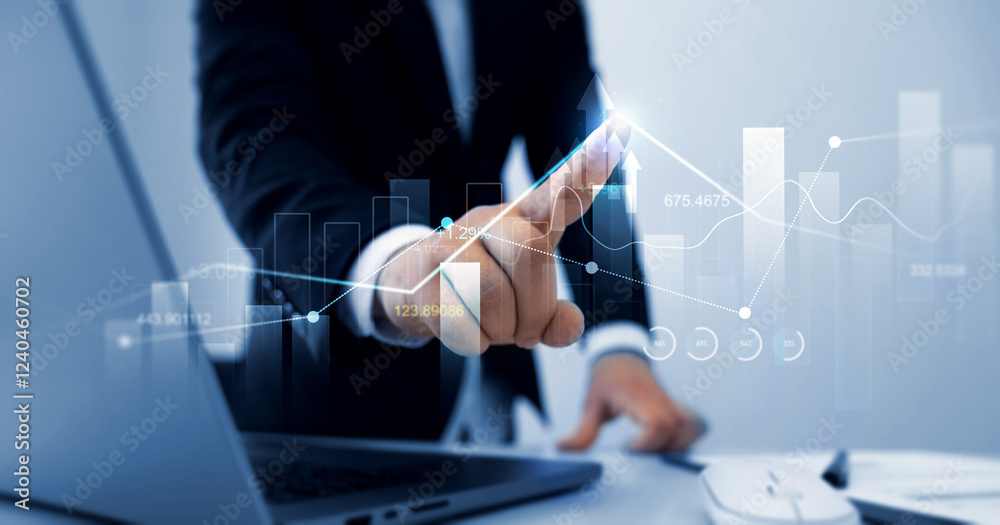 Poster businessman draw finance growth and graph chart diagram and analysing sale data.analysis finance gro