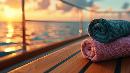 Two neatly rolled towels in soft colors lie on a wooden deck as the sun sets over calm waters, creating a serene and inviting atmosphere.
