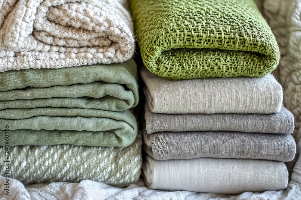 Aufkleber Beautifully arranged stacked blankets and linens in soft shades at a cozy home setting