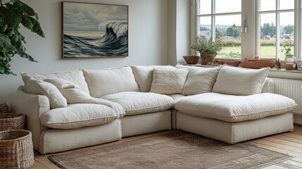 Coastal sectional sofa, living room, wave art