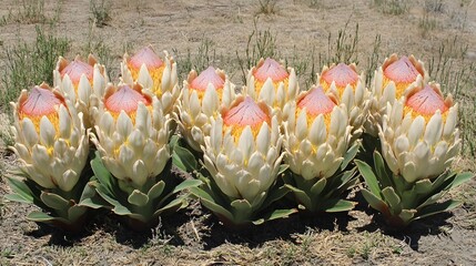 Fototapeta premium Stunning King Protea Flowers in Bloom, Vibrant Yellow and Pink