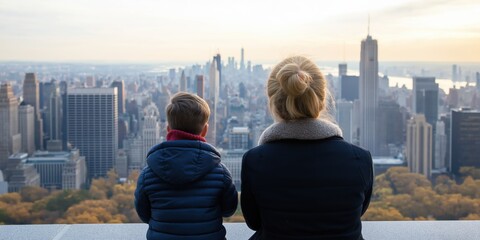 A woman and a child are sitting on a ledge overlooking a city. The woman is wearing a black coat and the child is wearing a red coat. The scene is peaceful and serene, with the city in the background