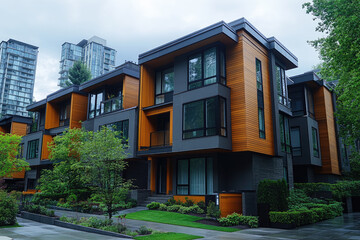 Fototapeta premium Modern eco-friendly urban complexes, modular smart houses with solar panels and greenery on the houses.